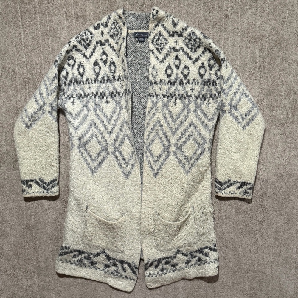 Eddie Bauer Cream Gray Fuzzy Sweater Knit Open Cardigan Aztec Comfy Women’s Med